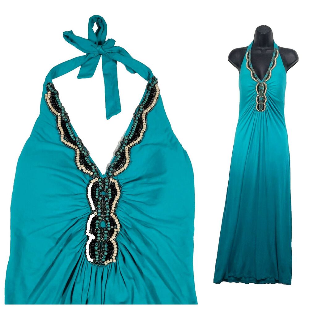 Cache Teal Halter Maxi Dress with Beaded Placket